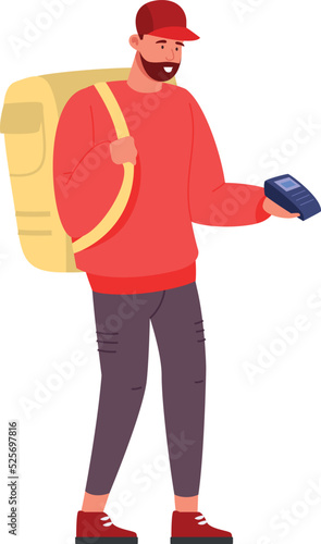 Delivery guy holding card terminal. Courier taking payment