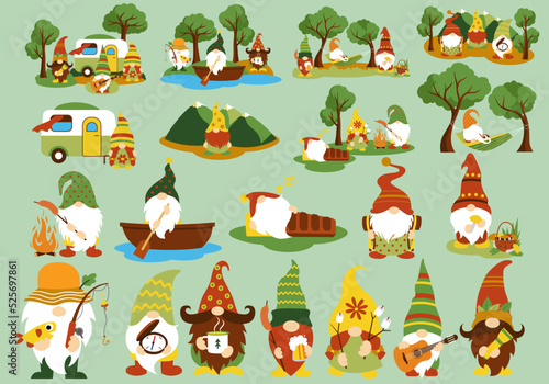 Camping gnomes svg vector illustration isolated on white background. Happy camper gnome. Gnome campers bundle.