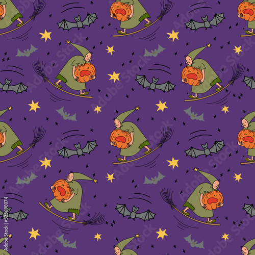 Witches flying on a broomstick. Seamless pattern with witches and bats for Halloween.