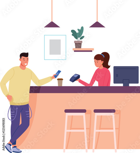Man paying for takeaway coffee with mobile phone. Cafe cashier checkout