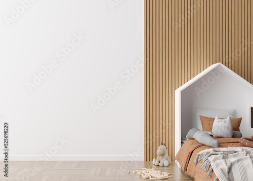 Kids room wallpaper presentation mock up. Empty white wall in modern child room. Copy space for your wallpaper design, wall stickers or other decoration. Interior in scandinavian style. 3D rendering.