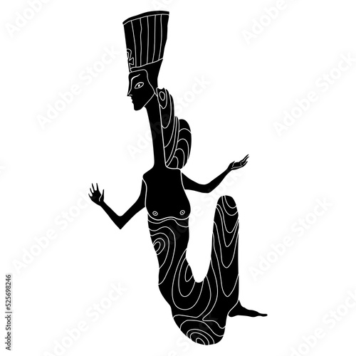 Fantastic character. Seated ancient Egyptian woman or goddess wearing royal tiara. Queen Nefertiti. Black and white negative silhouette.
