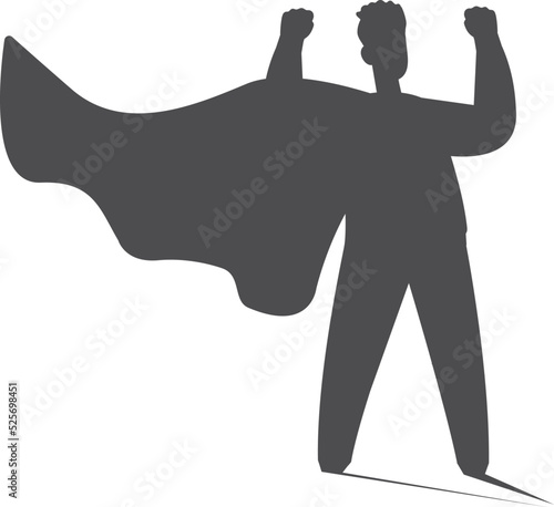 Black superhero silhouette. Brave man with waving cape
