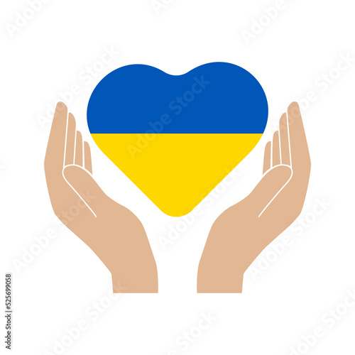 Vector illustration of heart with Ukrainian flag in hands. 