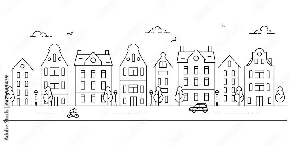 Simple panorama of european town landscape with old buildings. Coloring page. Black and white vector illustration in outline flat style