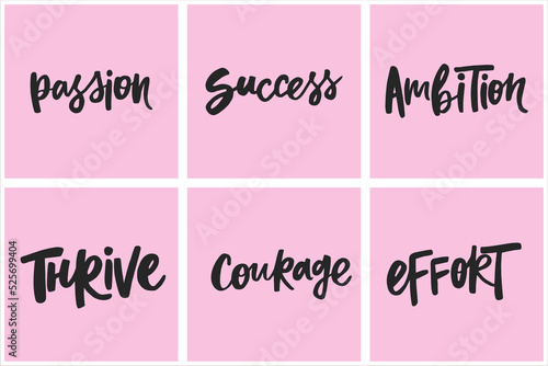 Set of handwritten words about success. Collection of creative calligraphy for posters, cards, etc.