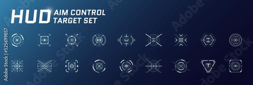 HUD aim control target system set. GUI and FUI interface. Futuristic military optical aiming collection. GUI digital radar elements. Collimator focus range sights. Digital dashboard crosshairs. Vector