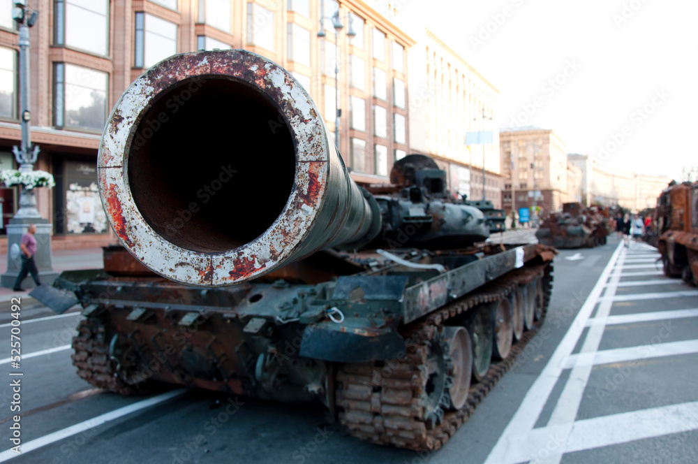 destroyed russian military equipment during war against ukraine. closeup