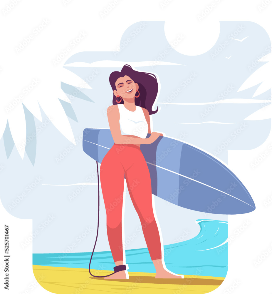 Girl with a surfboard standing on the ocean. Young woman surfer engaged in active recreation. Banner for international surfer's day. Stock vector illustration in flat style Girl with a surfboard standing on the ocean. Young woman surfer engaged in active recreation. Banner for international surfer's day. Stock vector illustration in flat style
