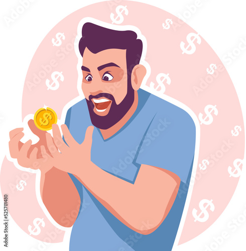 The man is happy with the money in his hands. The young man is happy with the influx of wealth. The concept of unexpected enrichment, of inheriting a large sum of money. Stock vector illustration