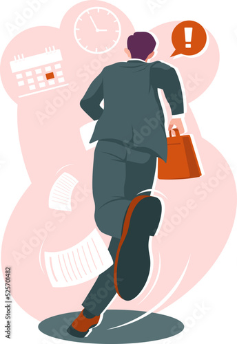 A businessman runs with a suitcase in his hand. A young man is late for a meeting. The concept of breaking deadlines in a flat style. Stock vector illustration.