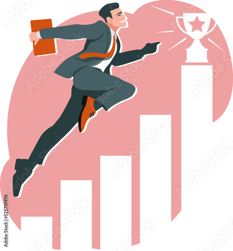 A businessman strives for success. A young man receives a prize. The concept of achieving success, growing performance, growing schedule in a flat style. Stock vector illustration.