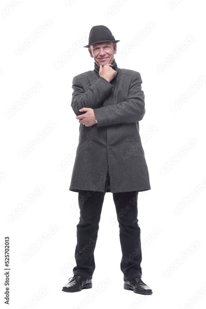 intelligent man in a hat and autumn coat. isolated on a white background. intelligent man in a hat and autumn coat. isolated on a white background.
