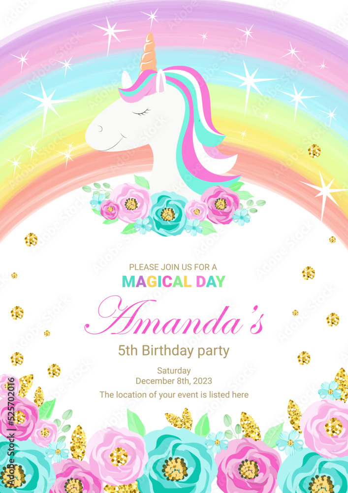 Birthday party invitation with beautiful unicorn surrounded with glitter  and flowers. Template vector illustration on pink background. Release  clipping mask for full size objects. Stock Vector | Adobe Stock