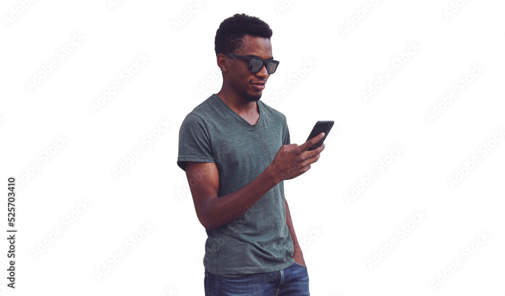 Portrait of young african man with smartphone isolated on white background Portrait of young african man with smartphone isolated on white background