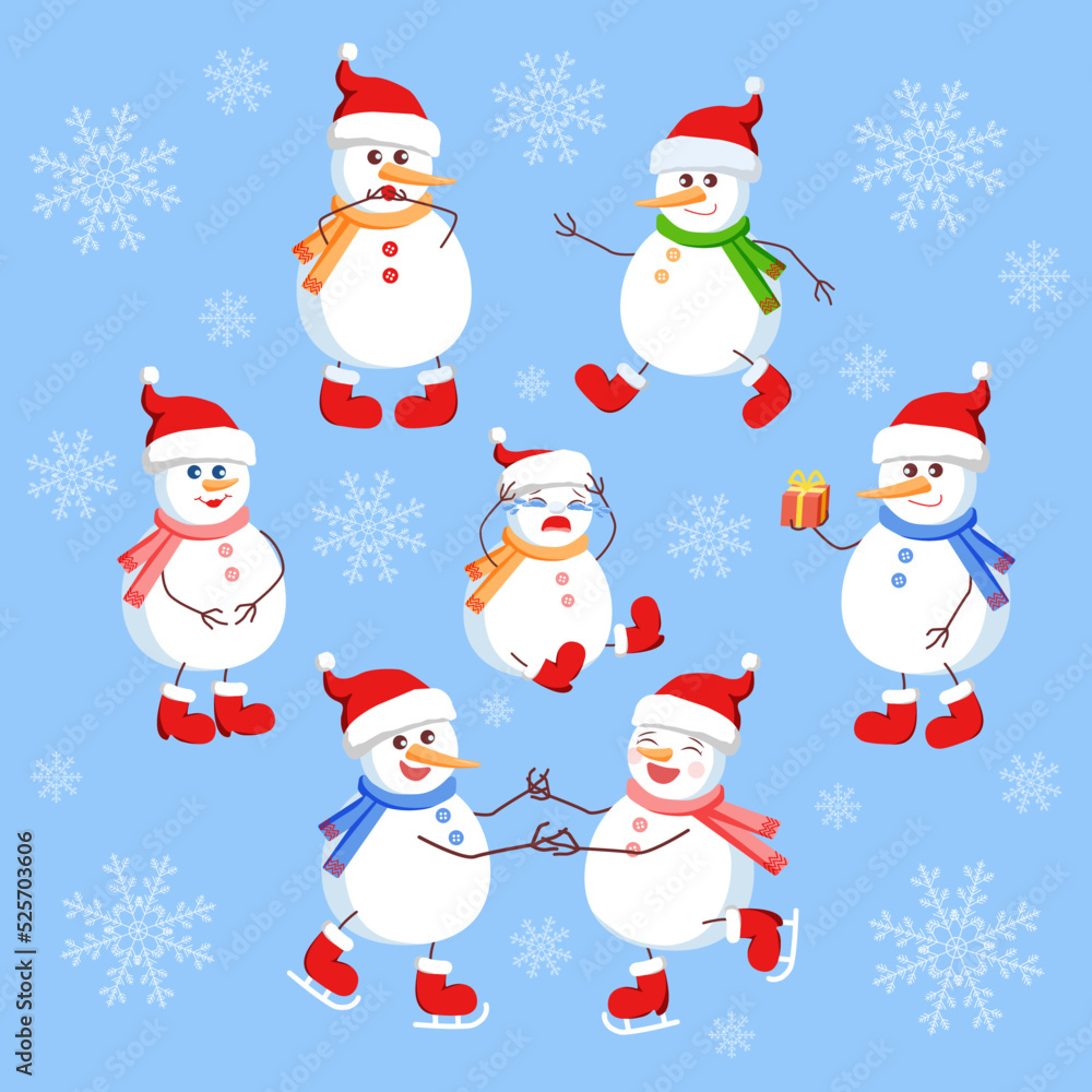 Set of cute snowmen on a blue background with white snowflakes. Set of cute snowmen on a blue background with white snowflakes.
