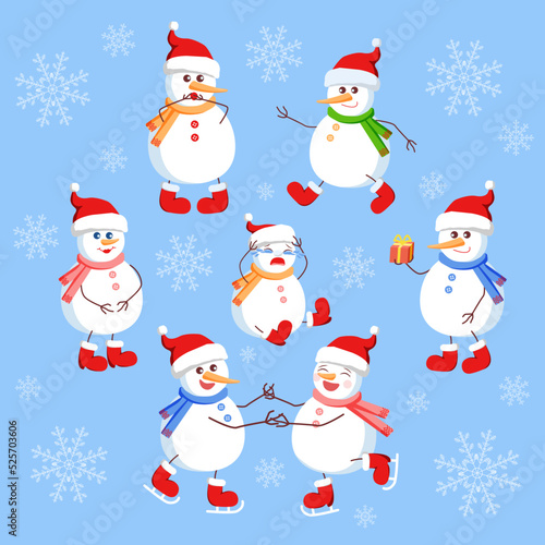 Set of cute snowmen on a blue background with white snowflakes.