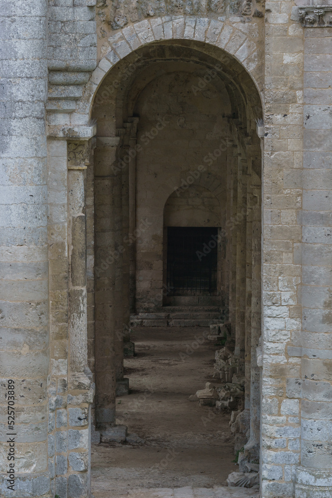 Corridor with arches in ruin of the monastery with the Abbey Jumieges, Normandy, France