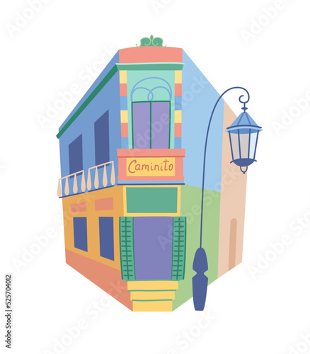 Caminito la Boca, a bright multicolored house in an alley located in Buenos Aires, Argentina. Vector image in flat style, isolated background.