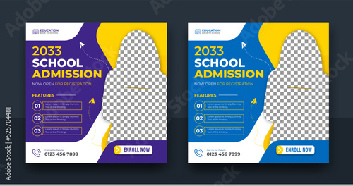 School admission promotional instagram banner, Back to school admission promotion social media post template design, education advertisement. Editable Vector illustration.