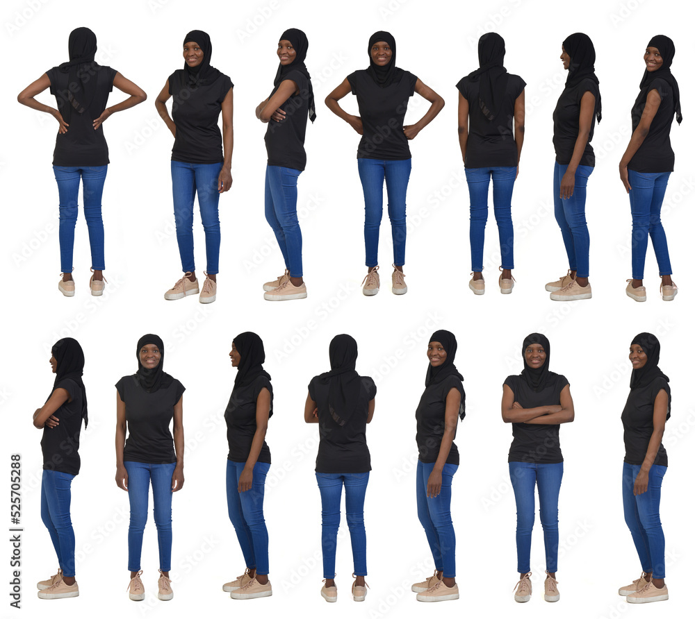 Obraz premium group of same woman standing woman front, side and back view on white background