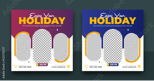 Travel holiday vacation social media post template, Tour travel holiday tourism marketing social media post. poster for summer beach travel agency. Digital advertising illustration, promotion Banner.