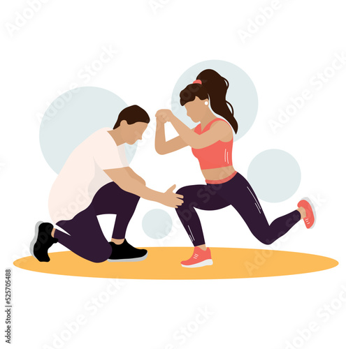 Sporty woman training with coach on white background