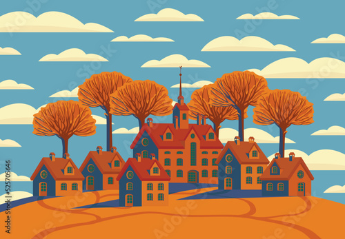 Autumn landscape with cute colored houses on an orange hill, yellowed trees and clouds in the blue sky. Decorative fall vector illustration in flat style