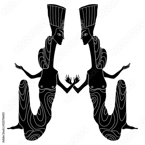 Symmetrical design with two fantastic ladies. Seated ancient Egyptian women or goddesses wearing royal tiaras. Queen Nefertiti. Black and white negative silhouette.