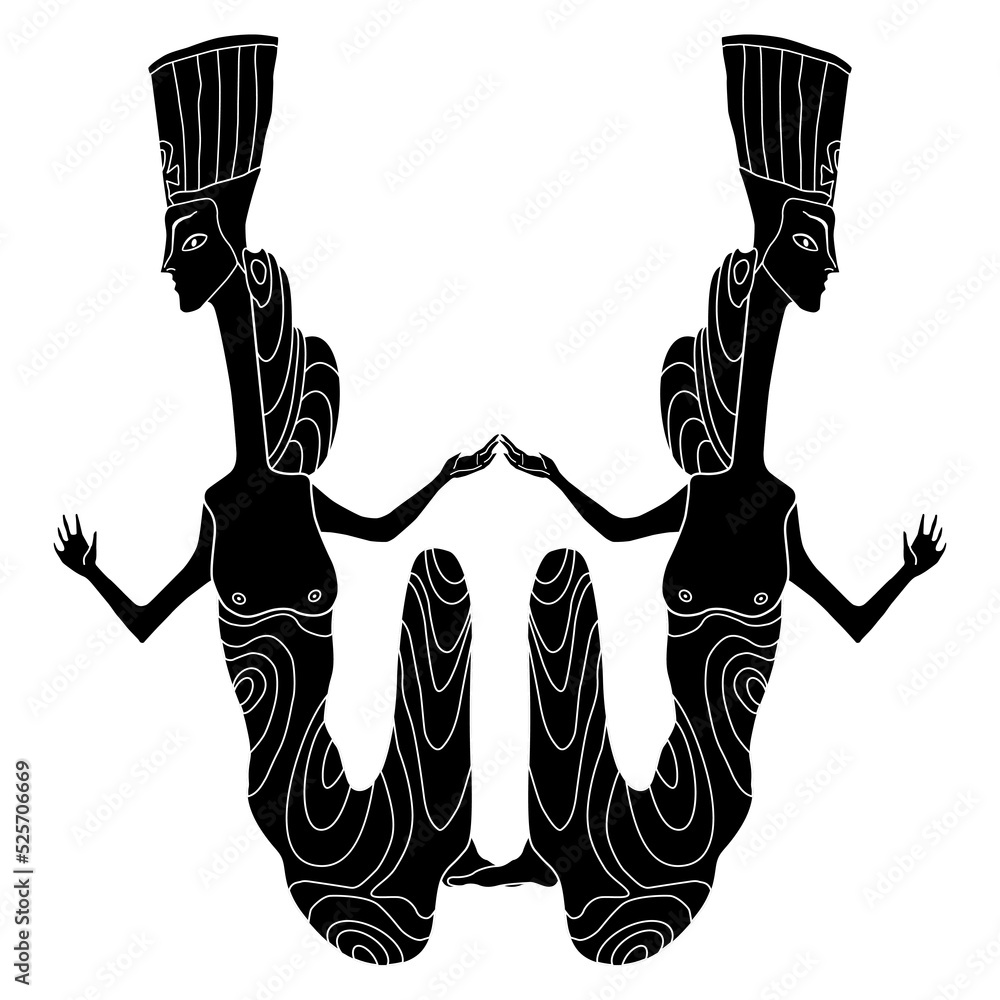 Symmetrical Design With Two Fantastic Ladies Holding Hands Seated Ancient Egyptian Women Or