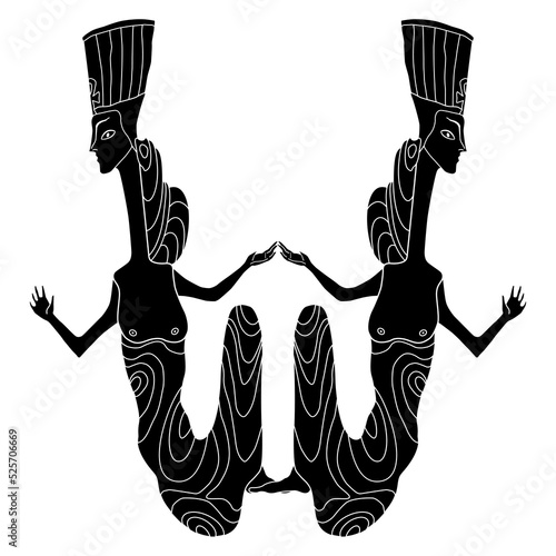 Symmetrical design with two fantastic ladies holding hands. Seated ancient Egyptian women or goddesses wearing royal tiaras. Queen Nefertiti. Black and white negative silhouette.