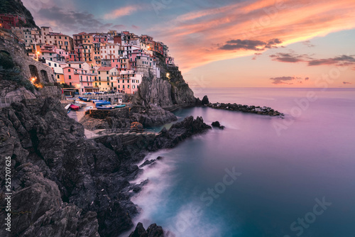 Manarola cinque terre national park beautiful colorful houses with blue sky and sea
