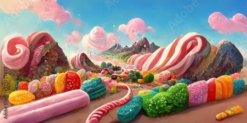 Candy land with many sweets including candy cane, cookies, lollipops, cake, chocolate, Liquorice allsorts in a cute colorful fantasy style photo