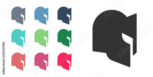 Black Medieval iron helmet for head protection icon isolated on white background. Knight helmet. Set icons colorful. Vector