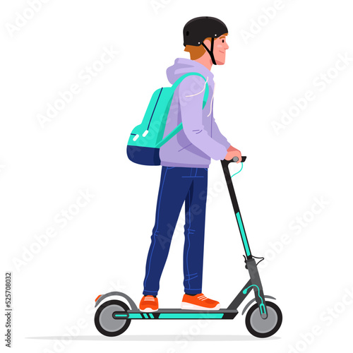 Young man riding an electric kick scooter. Happy hipster guy using an electric vehicle in the city. Color flat vector illustration isolated on white. 