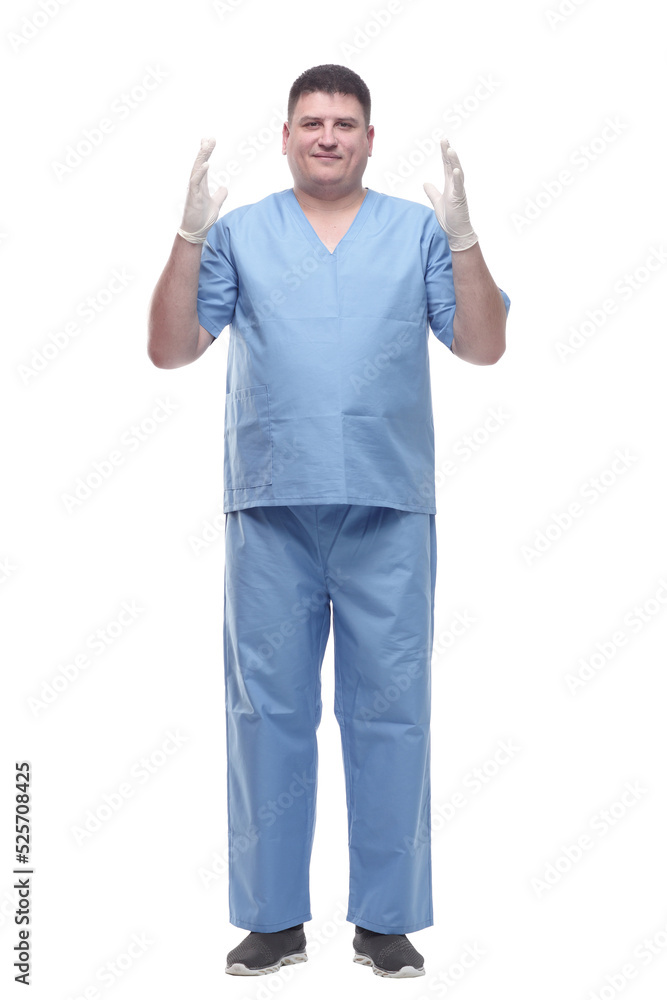 male medic in protective gloves . isolated on a white male medic in protective gloves . isolated on a white