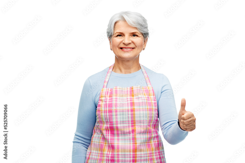cooking, culinary and old people concept - portrait of smiling senior woman in kitchen apron showing thumbs up over white background cooking, culinary and old people concept - portrait of smiling senior woman in kitchen apron showing thumbs up over white background