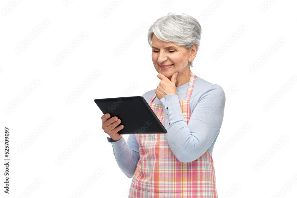 cooking, culinary and old people concept - happy smiling senior woman in kitchen apron with tablet pc computer over white background cooking, culinary and old people concept - happy smiling senior woman in kitchen apron with tablet pc computer over white background