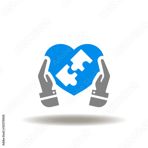 Vector illustration of hands palm care with heart and puzzle pieces. Icon of charity. Symbol of donation. Pictogram of help and support of humans.