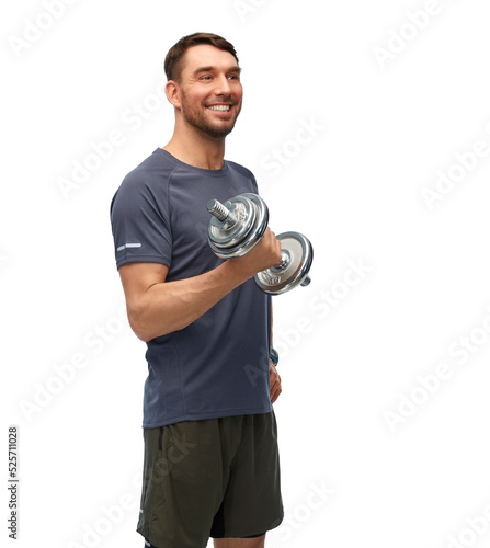 fitness, sport and bodybuilding concept - happy smiling man exercising with dumbbells over white background