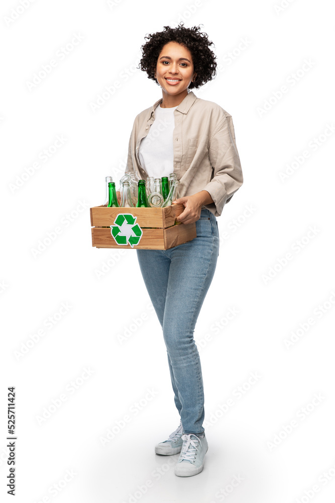recycling, waste sorting and sustainability concept - happy smiling woman holding wooden box with glass bottles over white background recycling, waste sorting and sustainability concept - happy smiling woman holding wooden box with glass bottles over white background