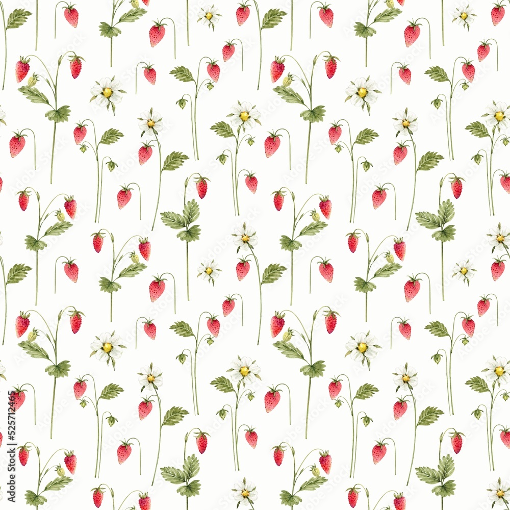custom made wallpaper toronto digitalSeamless pattern with berries and flowers of wild strawberries on a white background, watercolor illustration.
