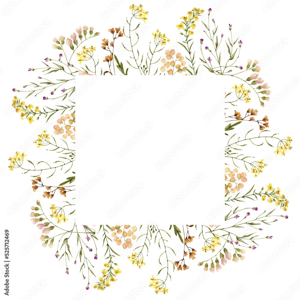 frame with delicate wild flowers watercolor illustration, hand painted. frame with delicate wild flowers watercolor illustration, hand painted.