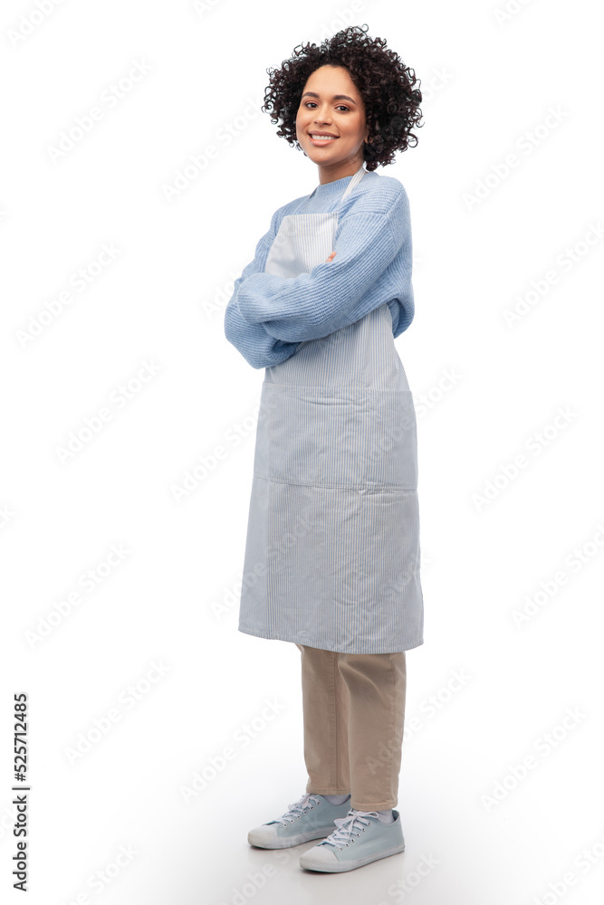 cooking, culinary and people concept - happy smiling woman in apron over white background cooking, culinary and people concept - happy smiling woman in apron over white background