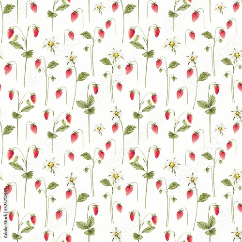 Seamless pattern with berries and flowers of wild strawberries on a white background, watercolor illustration.
