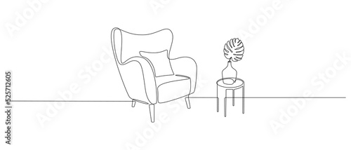 One continuous line drawing of armchair and lamp and potted plant. Modern rustic furniture for living room interior in simple linear style. Editable stroke. Doodle Vector illustration