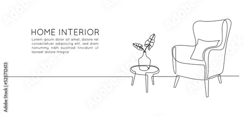 One continuous line drawing of armchair and lamp and potted plant. Modern rustic furniture for living room interior in simple linear style. Editable stroke. Doodle Vector illustration