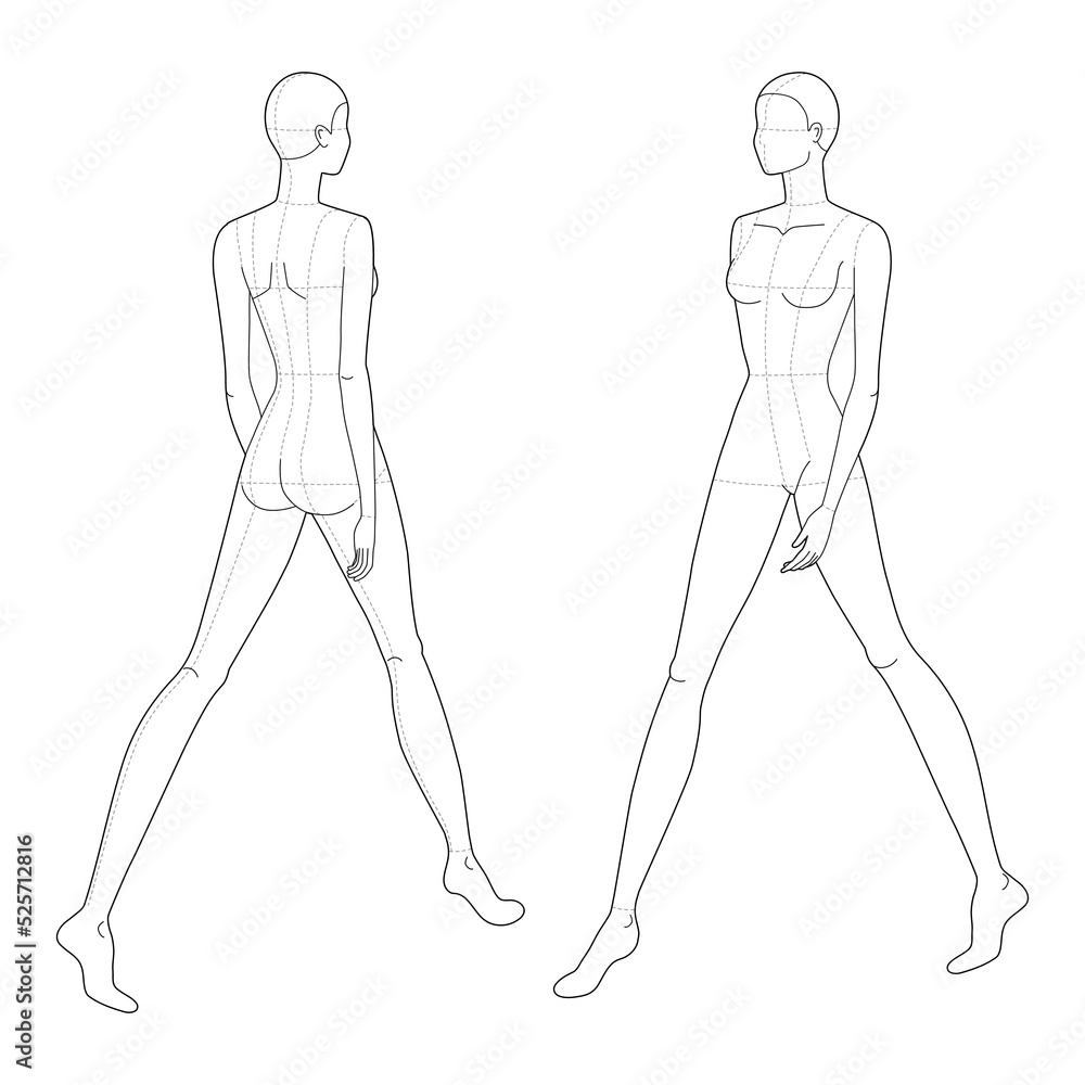 Walking women Fashion template 9 nine head size female with main lines for technical drawing. Lady figure front 3-4 back view. Vector isolated outline sketch girl fashion sketching and illustration Walking women Fashion template 9 nine head size female with main lines for technical drawing. Lady figure front 3-4 back view. Vector isolated outline sketch girl fashion sketching and illustration