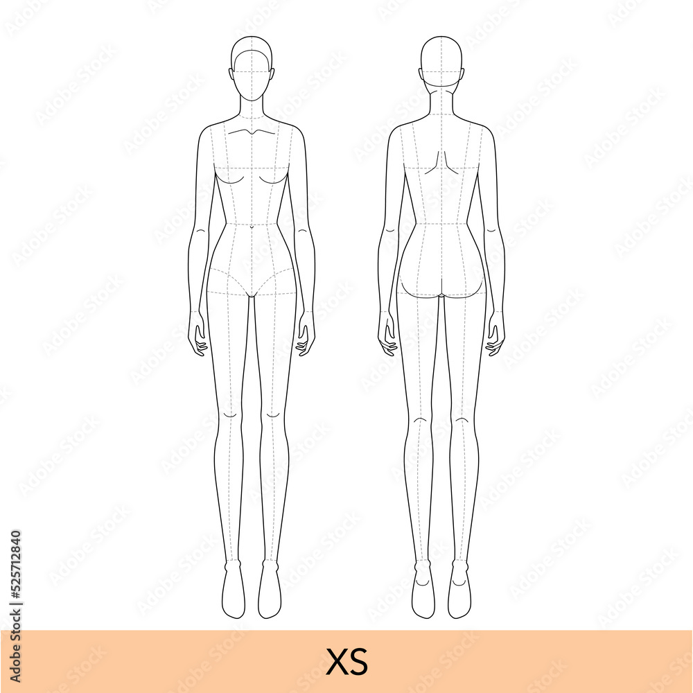XS size Women Fashion template 9 nine head Croquis Lady model skinny body with main lines figure front, back view. Vector outline isolated girl for Fashion Design, Illustration, technical drawing XS size Women Fashion template 9 nine head Croquis Lady model skinny body with main lines figure front, back view. Vector outline isolated girl for Fashion Design, Illustration, technical drawing