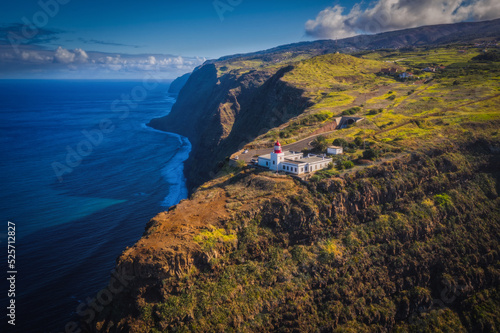 Farol da Ponta do Pargo Ilha da Madeira. Lighthouse Ponta do Pargo - Madeira Portugal - travel background. Aerial drone picture. October 2021